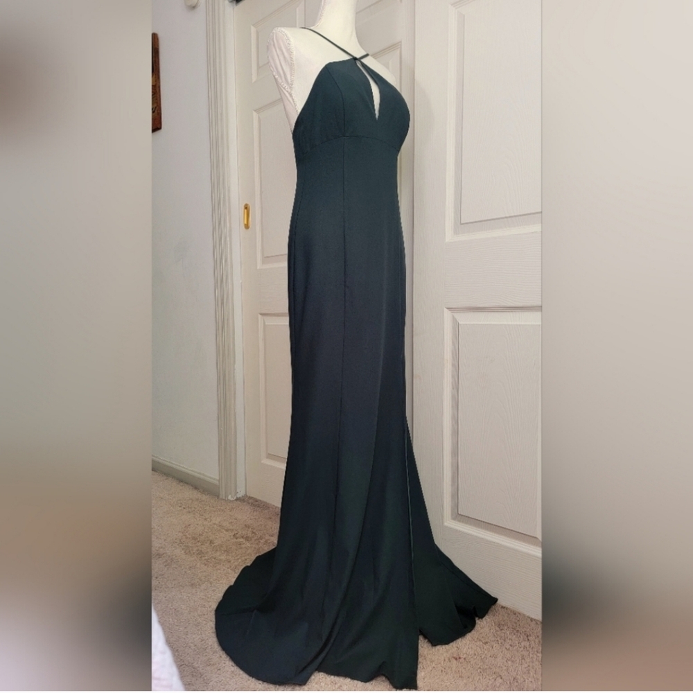 Amsale Hunter Green Halter Neck Mermaid Gown Bridesmaid Maxi Dress High Slit 6 - Picture 4 of 14